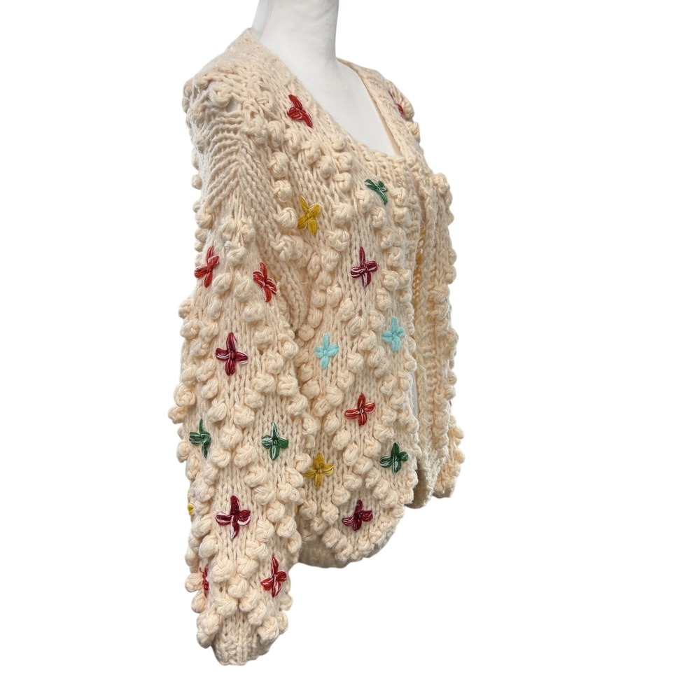 SAACHI Aria Popcorn Knit Chunky Cardigan Size L Cross Stitch Pom Pom Flowers - Picture 7 of 12
